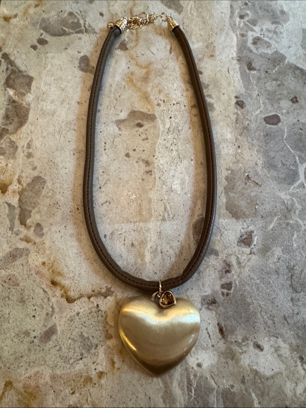 Heart Pendant Necklace in Matte Gold with Tiny Heart Stone on Brown Cord